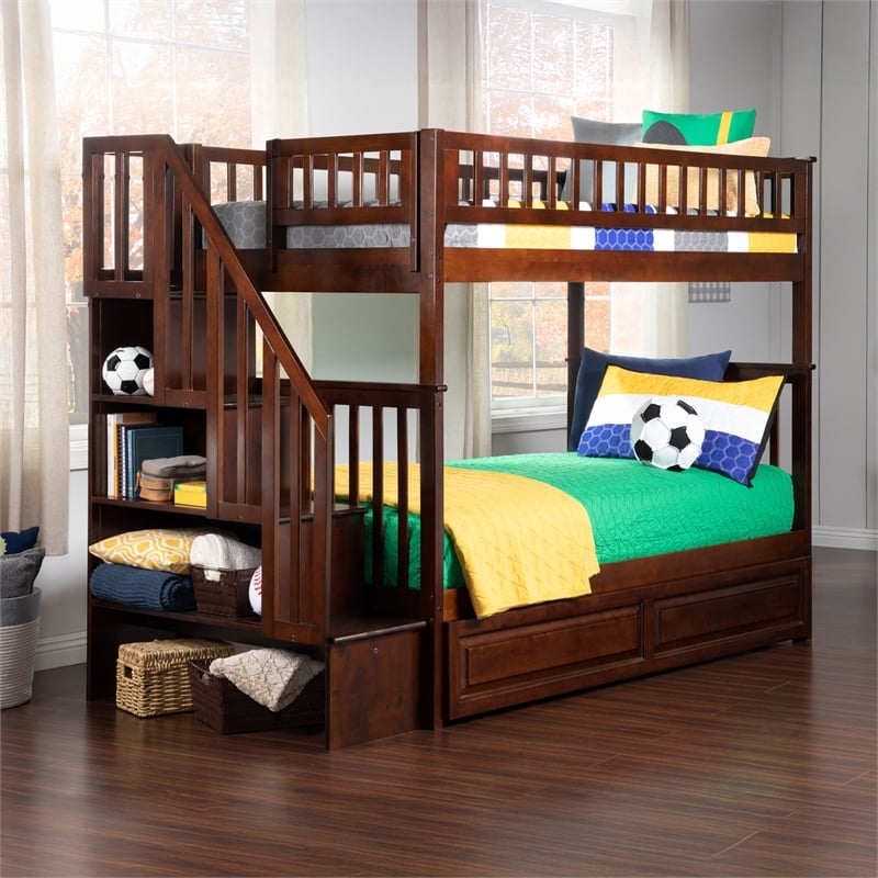 AFI Woodland Twin Over Twin Staircase Trundle Wood Bunk Bed in Walnut
