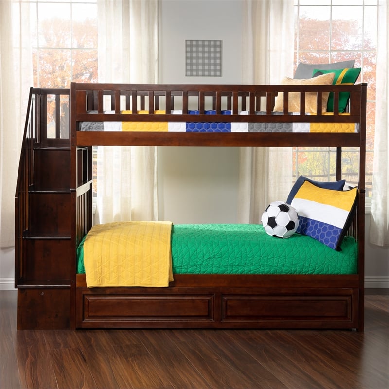 AFI Woodland Twin Over Twin Staircase Trundle Wood Bunk Bed in Walnut