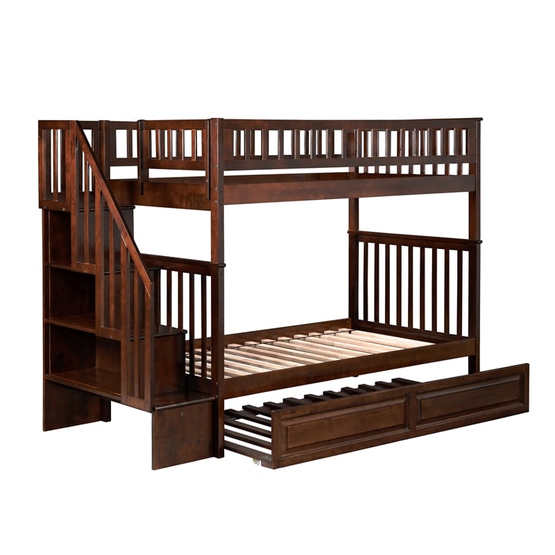 AFI Woodland Twin Over Twin Staircase Trundle Wood Bunk Bed in Walnut