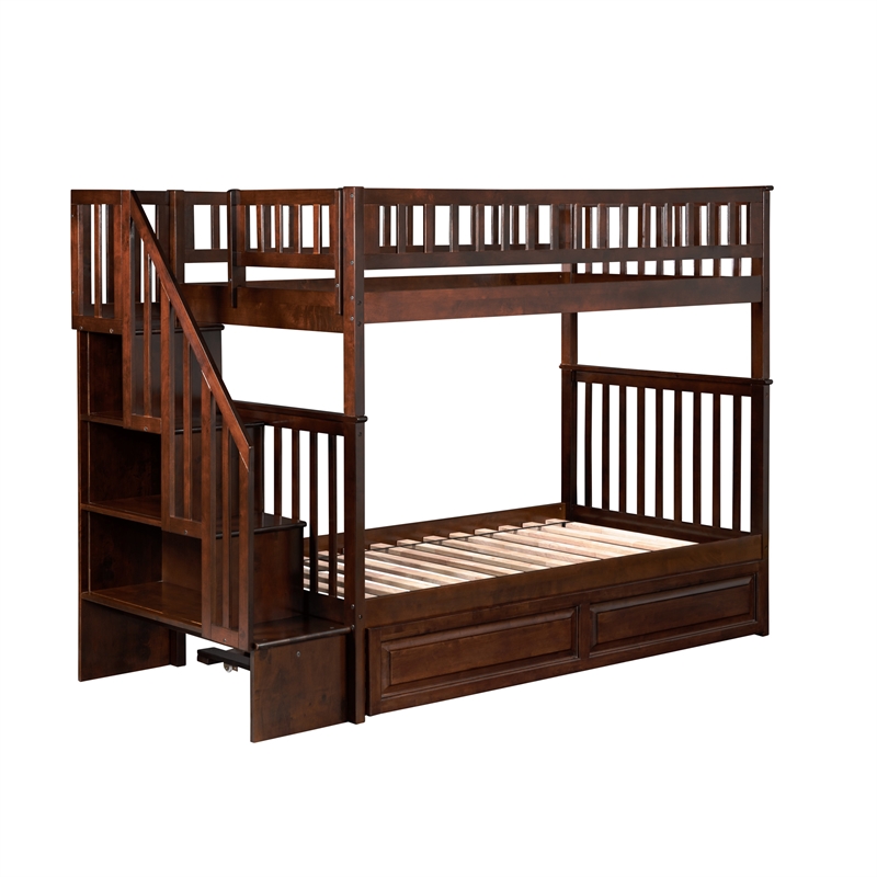 AFI Woodland Twin Over Twin Staircase Trundle Wood Bunk Bed in Walnut