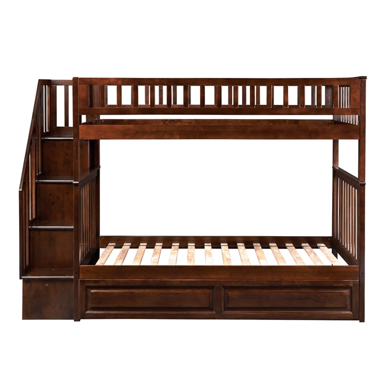 AFI Woodland Twin Over Twin Staircase Trundle Wood Bunk Bed in Walnut