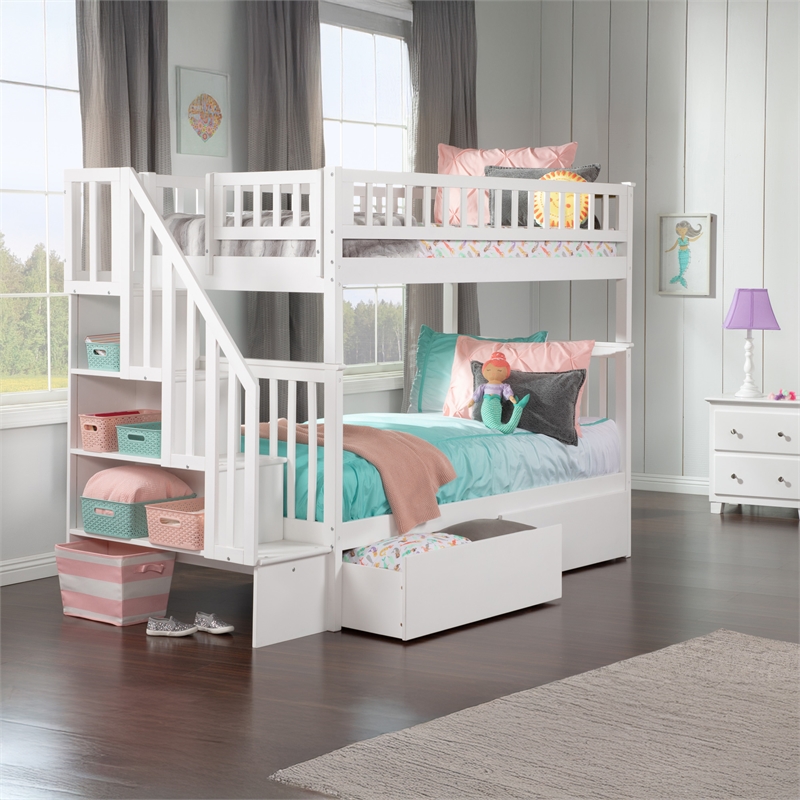 AFI Woodland Twin Over Twin Staircase Storage Wood Bunk Bed in White