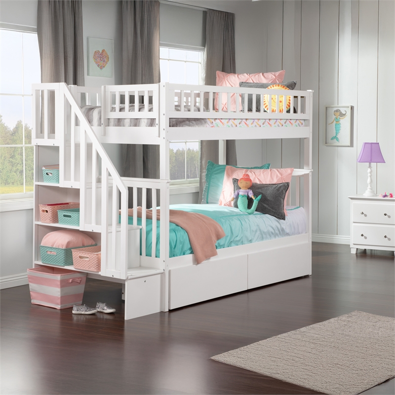 AFI Woodland Twin Over Twin Staircase Storage Wood Bunk Bed in White