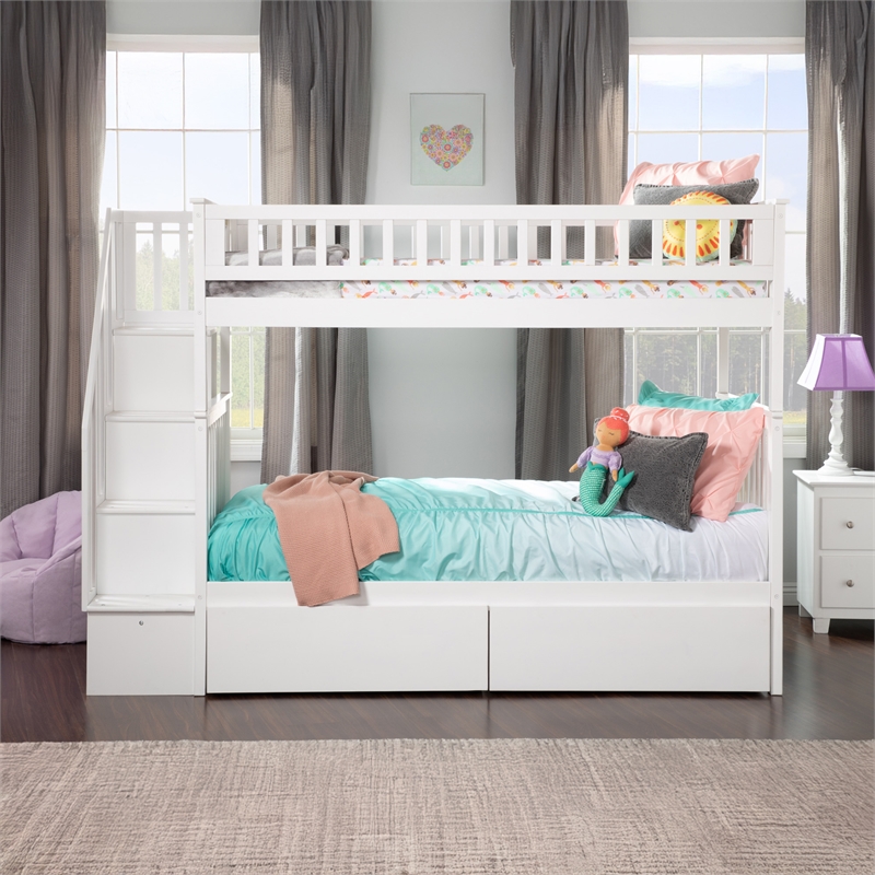 AFI Woodland Twin Over Twin Staircase Storage Wood Bunk Bed in White