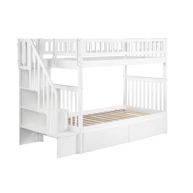 AFI Woodland Twin Over Twin Staircase Storage Wood Bunk Bed in White