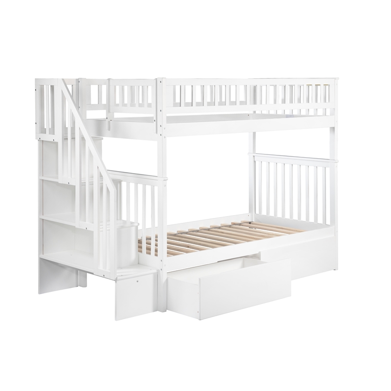 AFI Woodland Twin Over Twin Staircase Storage Wood Bunk Bed in White