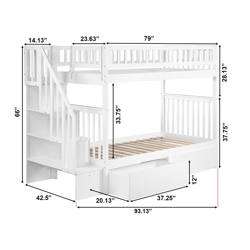 AFI Woodland Twin Over Twin Staircase Storage Wood Bunk Bed in White
