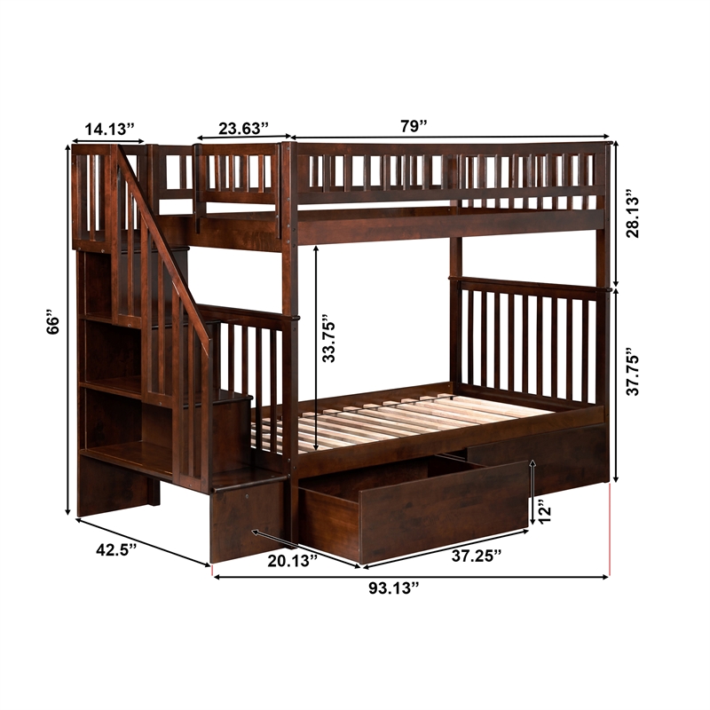 AFI Woodland Twin Over Twin Staircase Storage Wood Bunk Bed in Walnut
