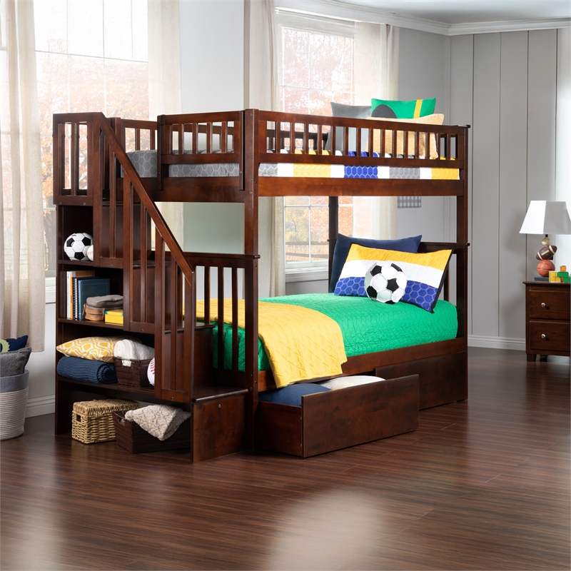AFI Woodland Twin Over Twin Staircase Storage Wood Bunk Bed in Walnut
