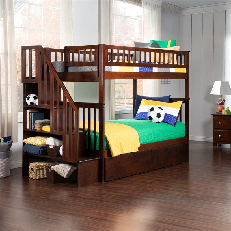 AFI Woodland Twin Over Twin Staircase Storage Wood Bunk Bed in Walnut