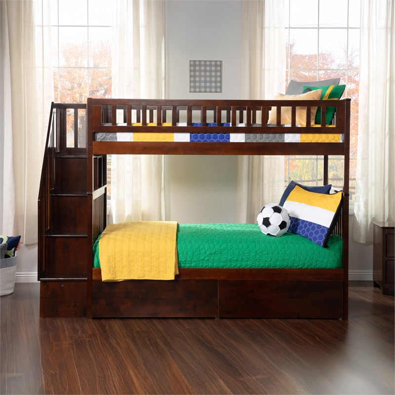 AFI Woodland Twin Over Twin Staircase Storage Wood Bunk Bed in Walnut
