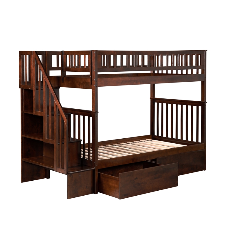 AFI Woodland Twin Over Twin Staircase Storage Wood Bunk Bed in Walnut