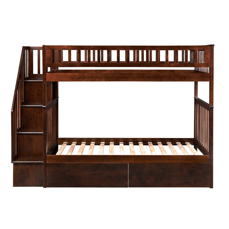 AFI Woodland Twin Over Twin Staircase Storage Wood Bunk Bed in Walnut