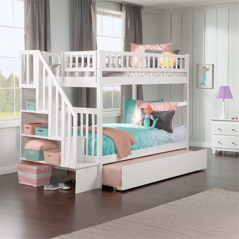 AFI Woodland Twin Over Twin Staircase Trundle Wood Bunk Bed in White