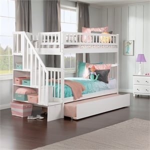 AFI Woodland Twin Over Twin Staircase Trundle Wood Bunk Bed in White
