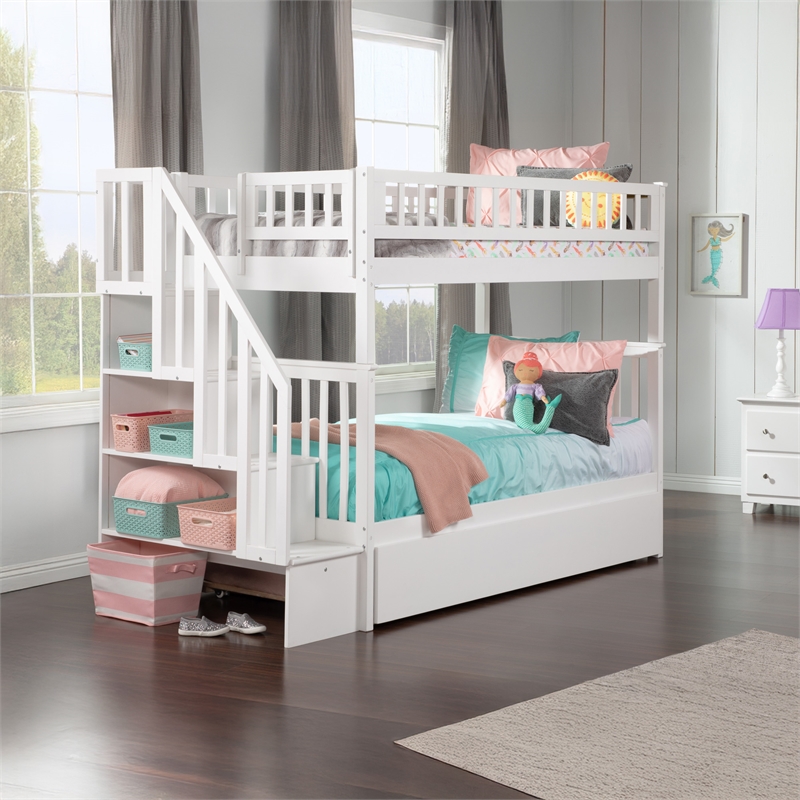 AFI Woodland Twin Over Twin Staircase Trundle Wood Bunk Bed in White