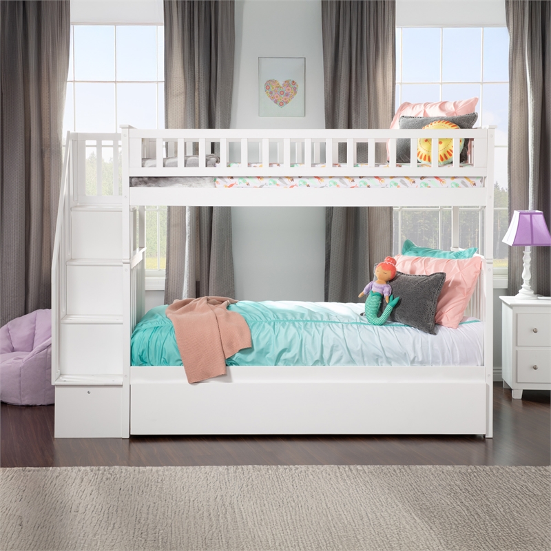 AFI Woodland Twin Over Twin Staircase Trundle Wood Bunk Bed in White