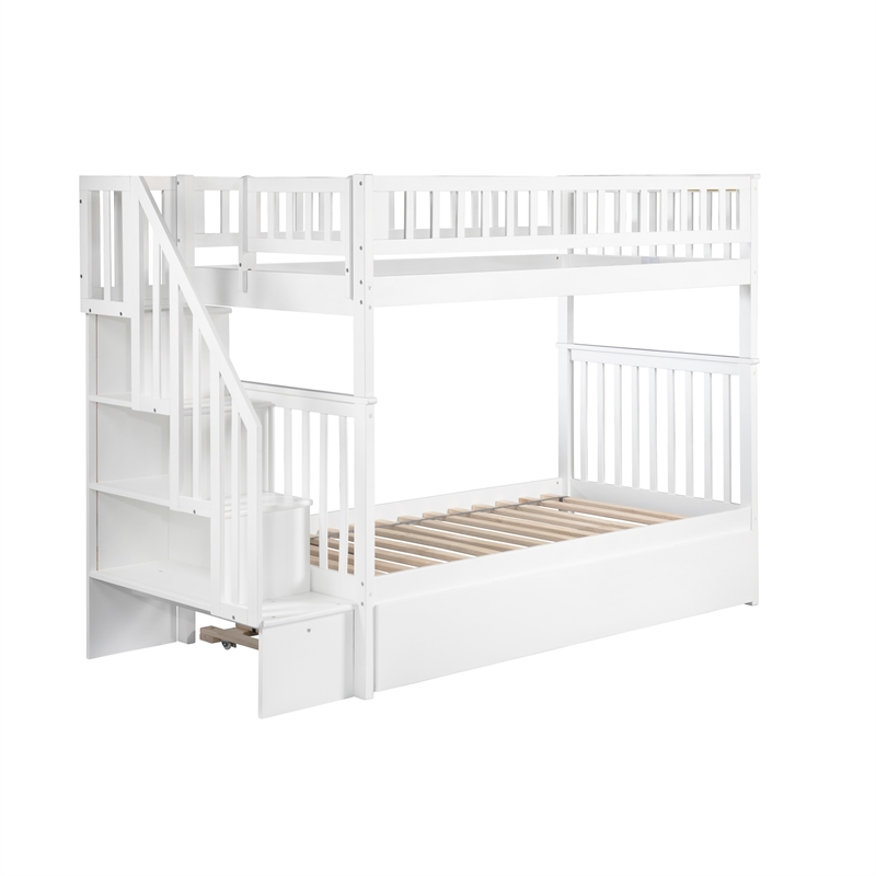 AFI Woodland Twin Over Twin Staircase Trundle Wood Bunk Bed in White