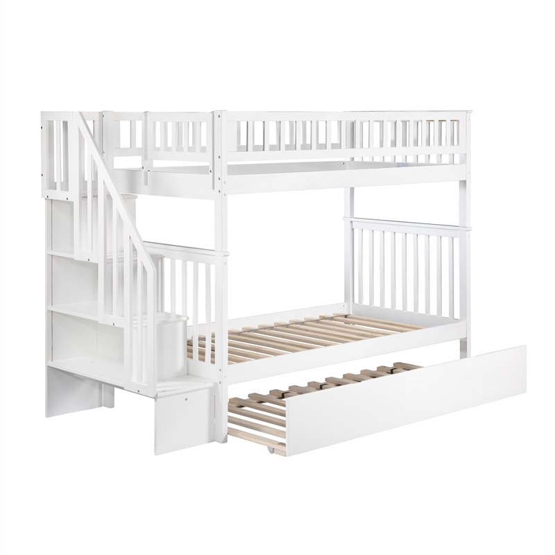 AFI Woodland Twin Over Twin Staircase Trundle Wood Bunk Bed in White