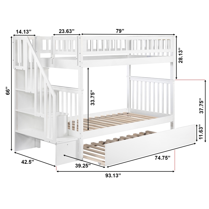 AFI Woodland Twin Over Twin Staircase Trundle Wood Bunk Bed in White