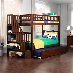 AFI Woodland Twin Over Twin Staircase Trundle Wood Bunk Bed in Walnut