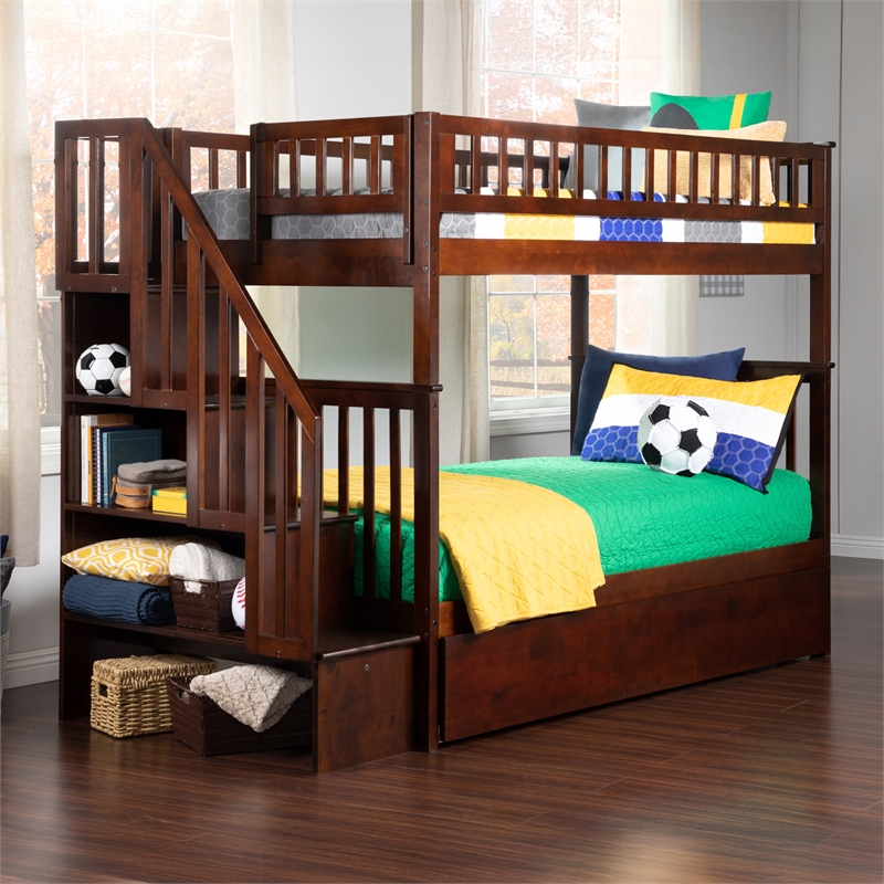 AFI Woodland Twin Over Twin Staircase Trundle Wood Bunk Bed in Walnut