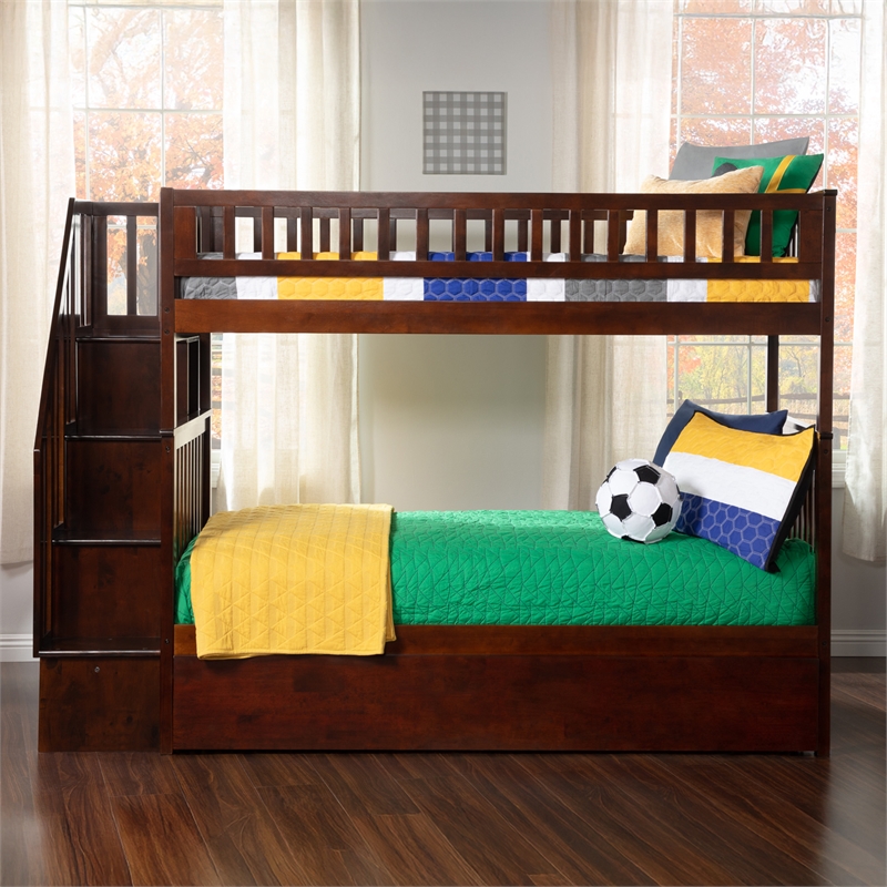 AFI Woodland Twin Over Twin Staircase Trundle Wood Bunk Bed in Walnut