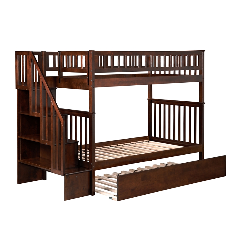 AFI Woodland Twin Over Twin Staircase Trundle Wood Bunk Bed in Walnut