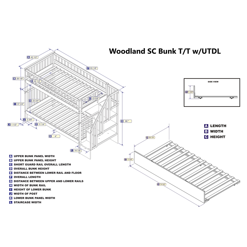 AFI Woodland Twin Over Twin Staircase Trundle Wood Bunk Bed in Walnut