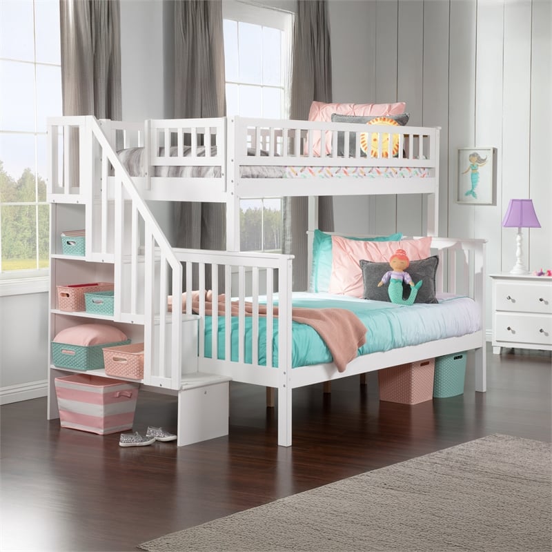 AFI Woodland Twin Over Full Solid Wood Staircase Bunk Bed in White