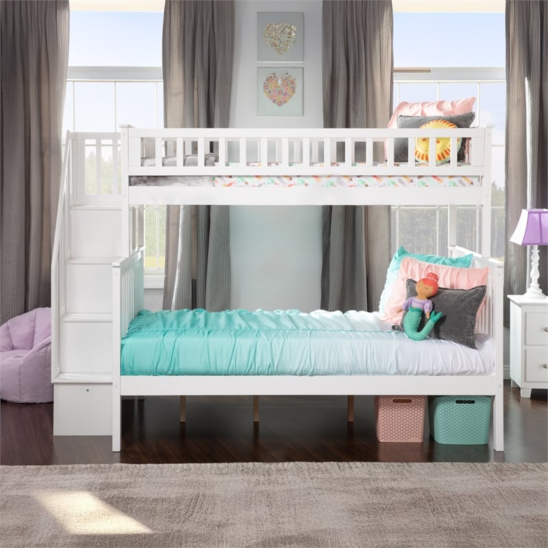AFI Woodland Twin Over Full Solid Wood Staircase Bunk Bed in White