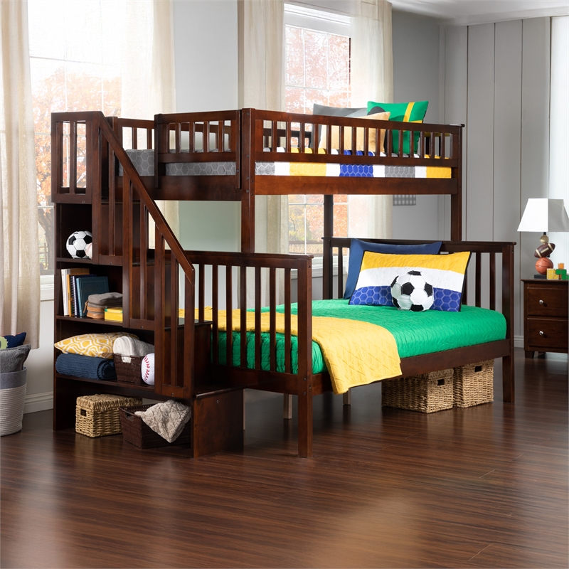 AFI Woodland Twin Over Full Solid Wood Staircase Bunk Bed in Walnut