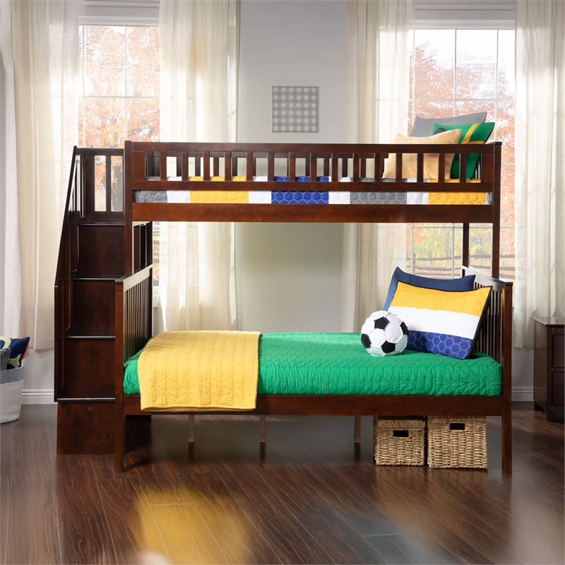 AFI Woodland Twin Over Full Solid Wood Staircase Bunk Bed in Walnut