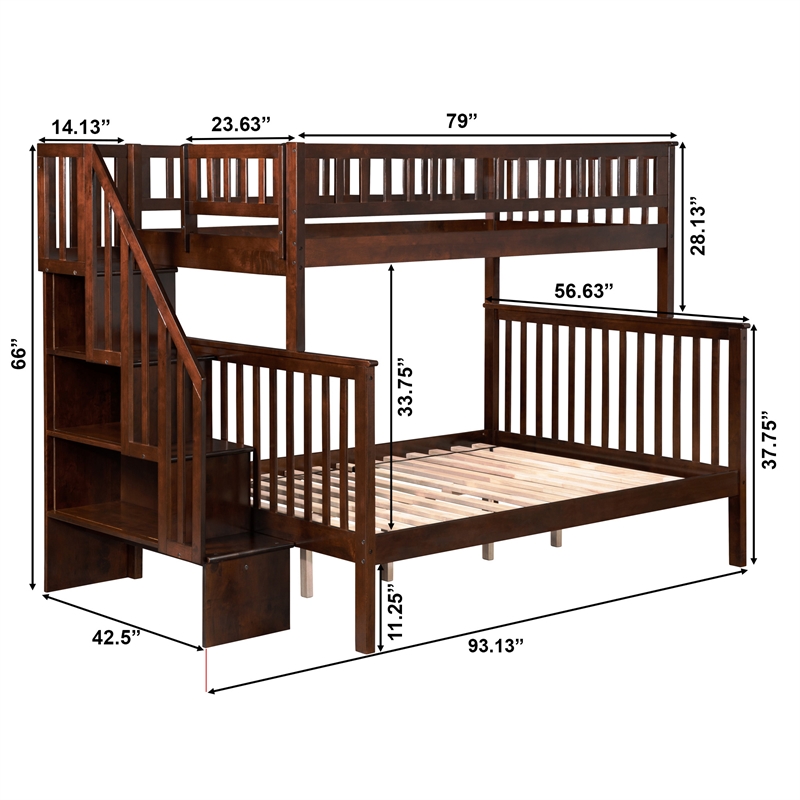 AFI Woodland Twin Over Full Solid Wood Staircase Bunk Bed in Walnut