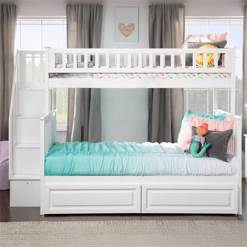 AFI Woodland Twin Over Full Staircase Storage Wood Bunk Bed in White