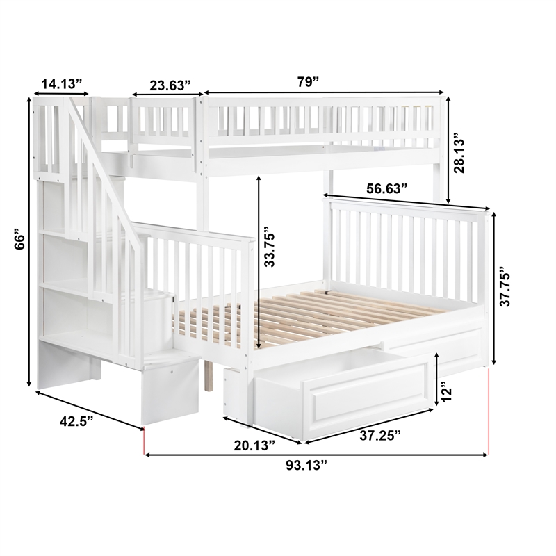 AFI Woodland Twin Over Full Staircase Storage Wood Bunk Bed in White