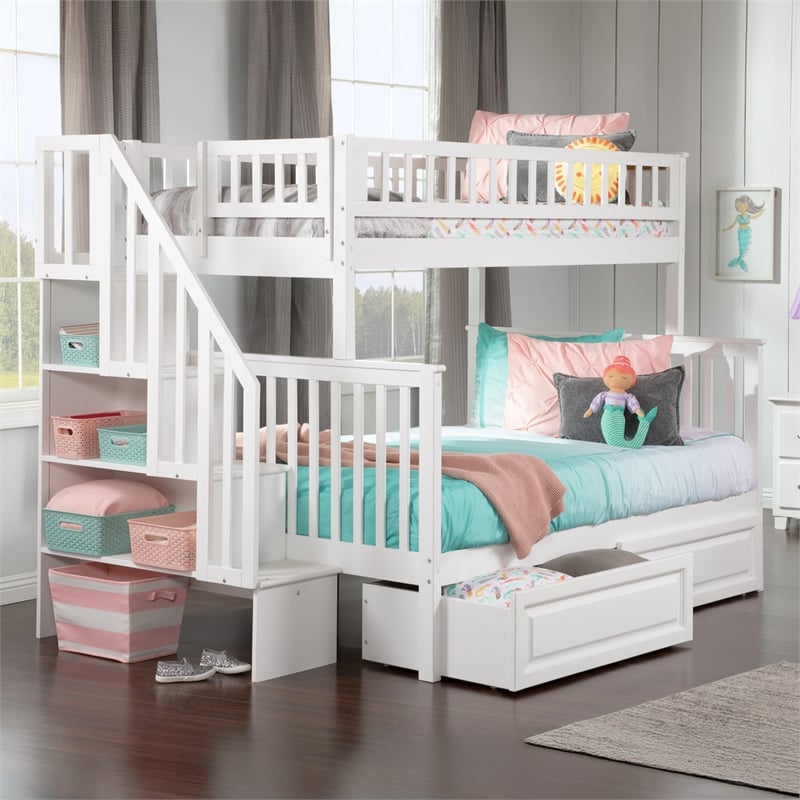 AFI Woodland Twin Over Full Staircase Storage Wood Bunk Bed in White