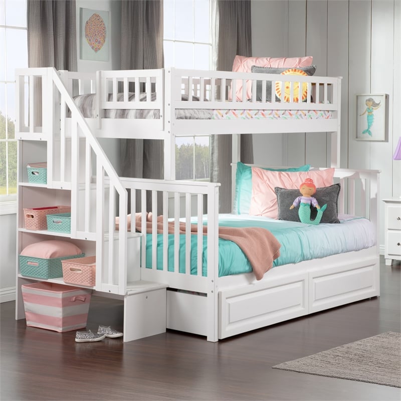 AFI Woodland Twin Over Full Staircase Storage Wood Bunk Bed in White