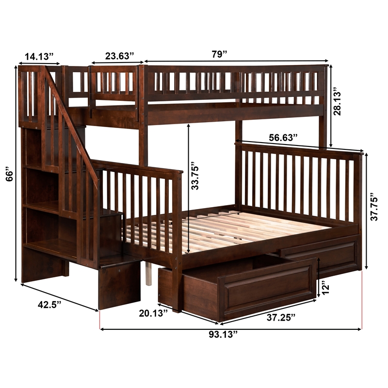 AFI Woodland Twin Over Full Staircase Storage Wood Bunk Bed in Walnut