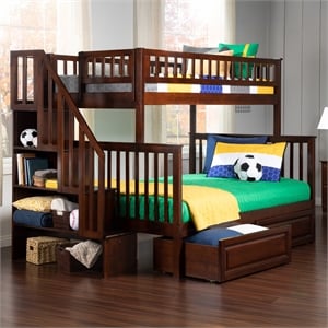 AFI Woodland Twin Over Full Staircase Storage Wood Bunk Bed in Walnut