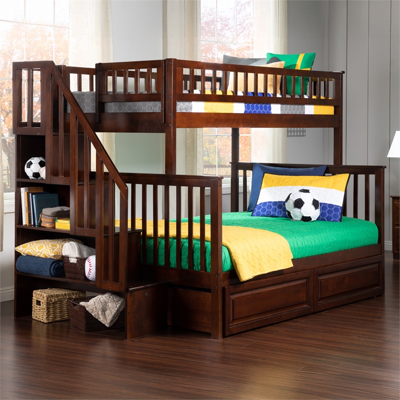 AFI Woodland Twin Over Full Staircase Storage Wood Bunk Bed in Walnut
