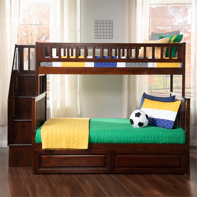 AFI Woodland Twin Over Full Staircase Storage Wood Bunk Bed in Walnut