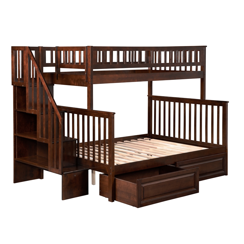 AFI Woodland Twin Over Full Staircase Storage Wood Bunk Bed in Walnut