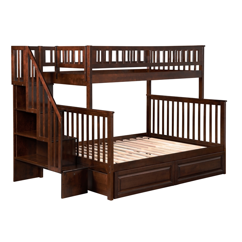 AFI Woodland Twin Over Full Staircase Storage Wood Bunk Bed in Walnut