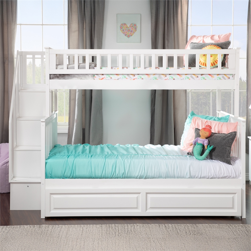 AFI Woodland Twin Over Full Staircase Trundle Wood Bunk Bed in White