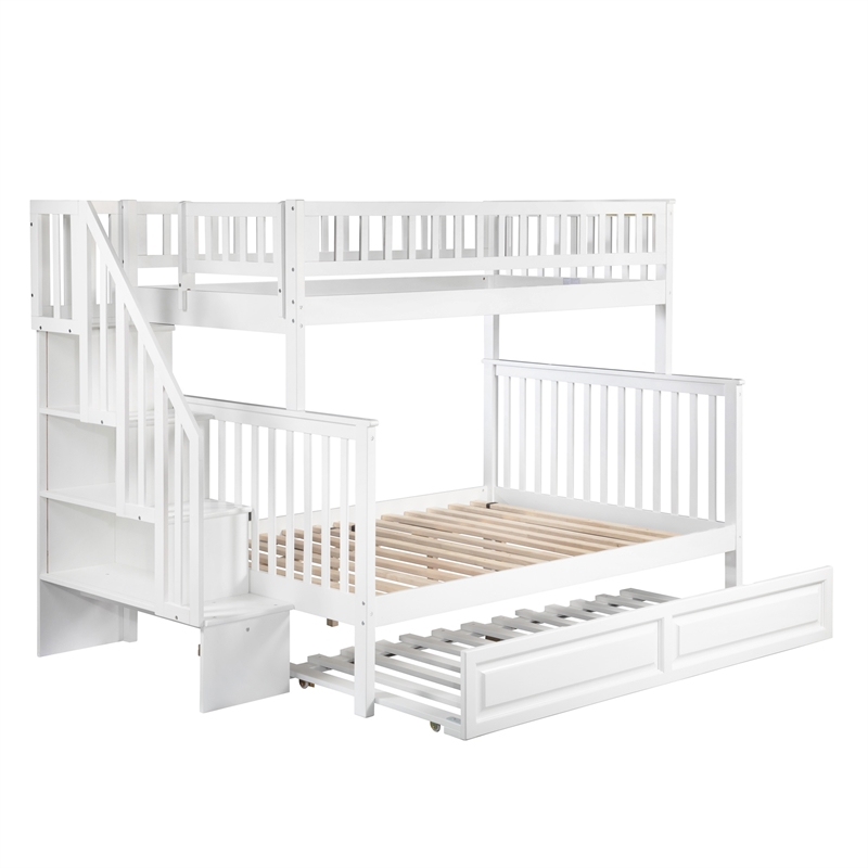 AFI Woodland Twin Over Full Staircase Trundle Wood Bunk Bed in White