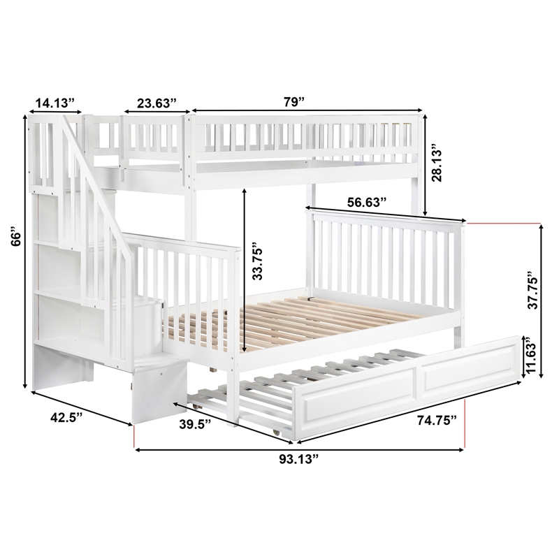 AFI Woodland Twin Over Full Staircase Trundle Wood Bunk Bed in White
