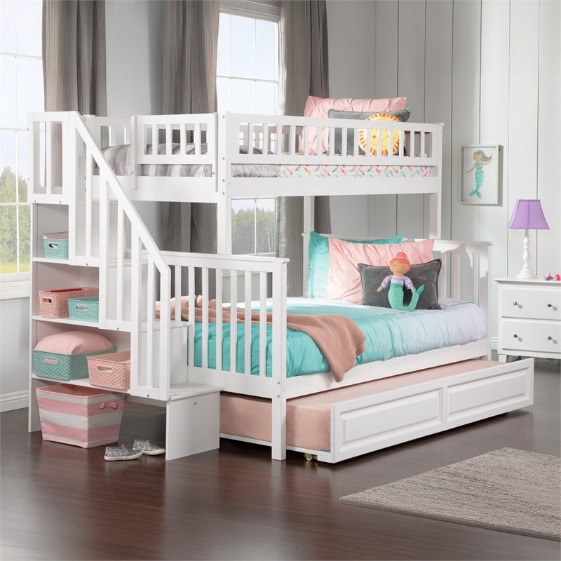 AFI Woodland Twin Over Full Staircase Trundle Wood Bunk Bed in White