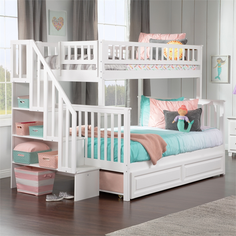 AFI Woodland Twin Over Full Staircase Trundle Wood Bunk Bed in White
