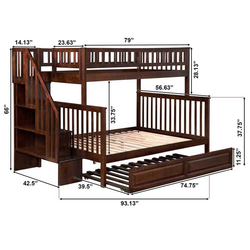 AFI Woodland Twin Over Full Staircase Trundle Wood Bunk Bed in Walnut